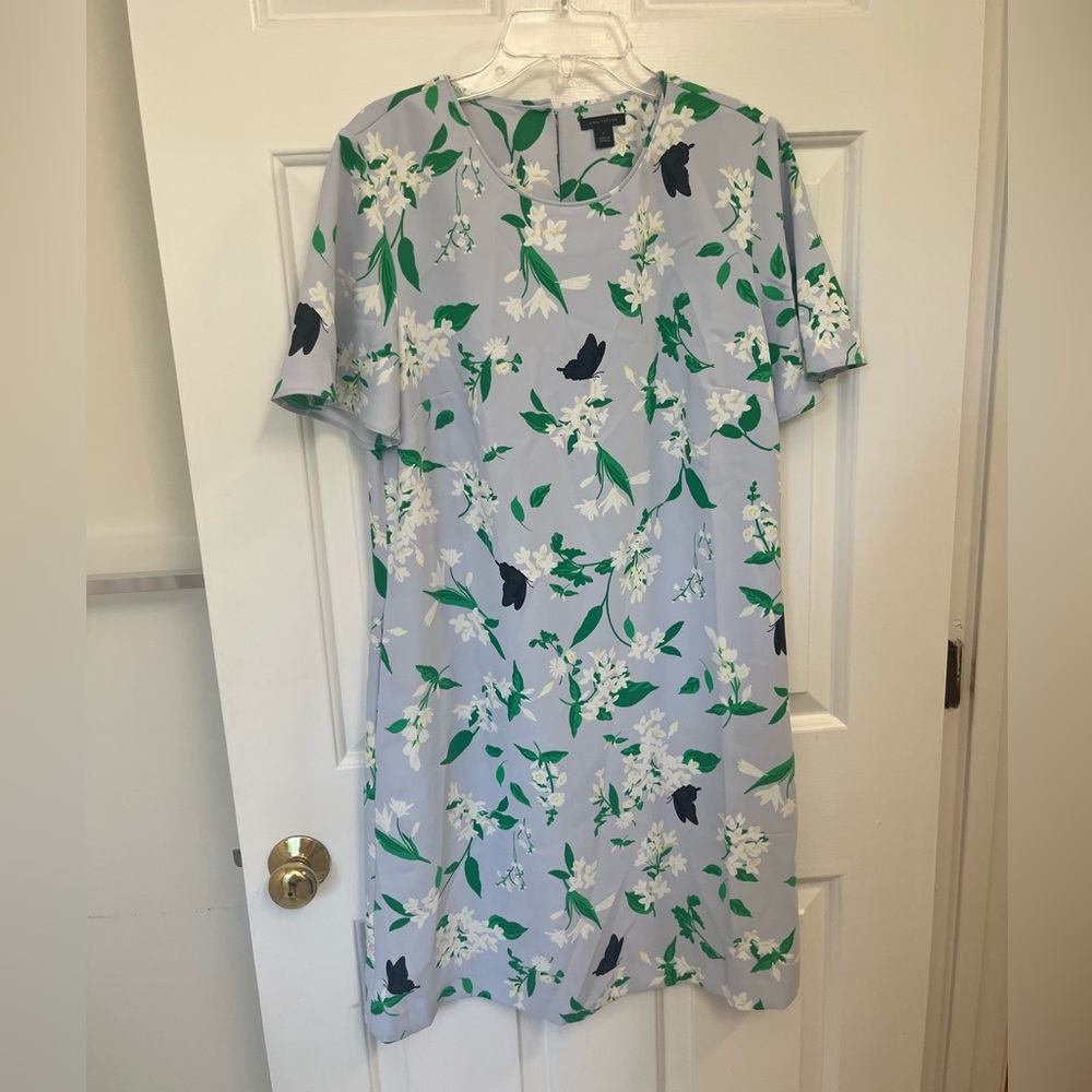 Ann Taylor White and Blue Sheath Midi Dress with Flutter Sleeves